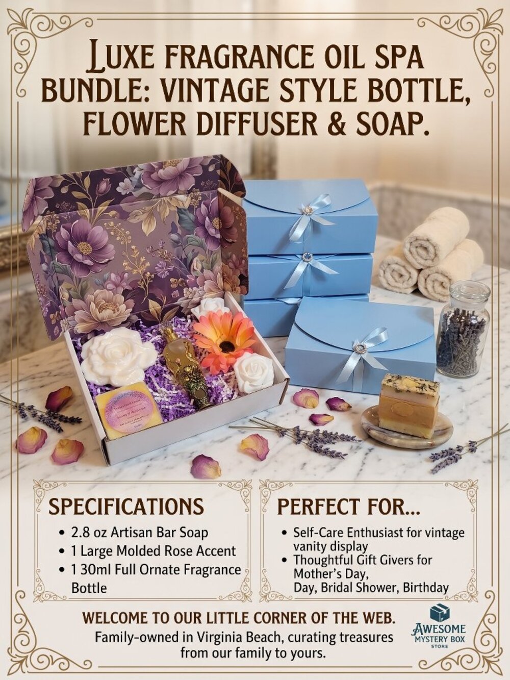 Luxe Fragrance Oil Spa Bundle 30ml Vintage Glass Bottle, Flower Diffuser & Soap